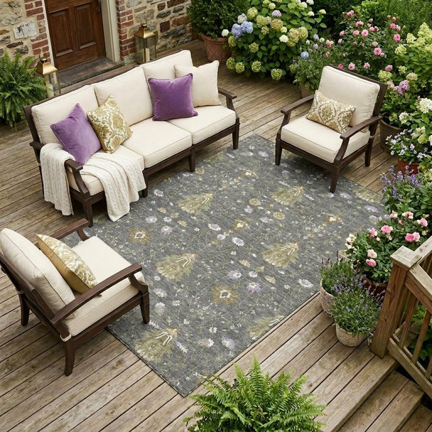 10' X 14' Gray And Graphite Oriental Washable Indoor Outdoor Area Rug