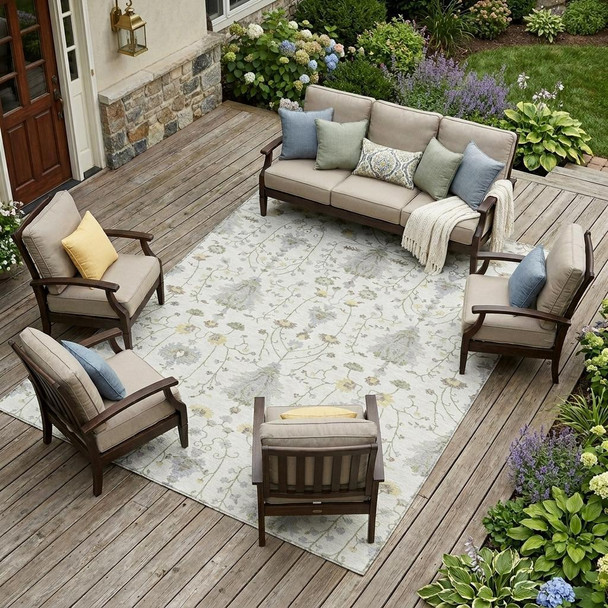 9' X 12' Ivory And Silver Oriental Washable Indoor Outdoor Area Rug