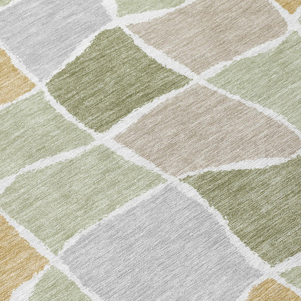3' X 5' Green And Silver Geometric Washable Indoor Outdoor Area Rug