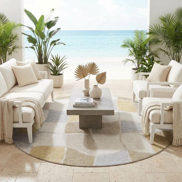 8' Ivory And Beige Round Geometric Washable Indoor Outdoor Area Rug