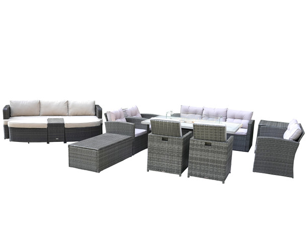 Eleven Piece Gray Wicker Multiple Chairs Seating Group With Fire Pit And Table