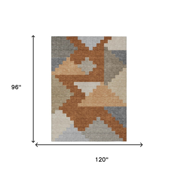 8' X 10' Orange And Silver Geometric Washable Indoor Outdoor Area Rug