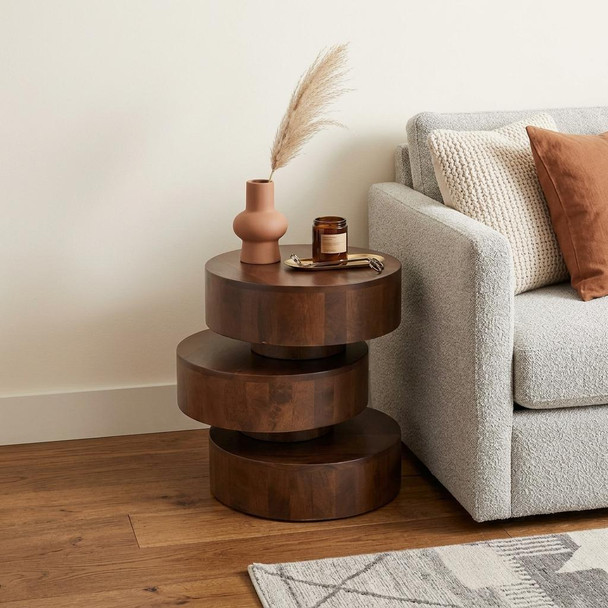 21" Brown Solid Wood Round Drum End Table