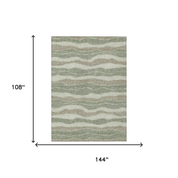9' X 12' Green And Beige Striped Washable Indoor Outdoor Area Rug