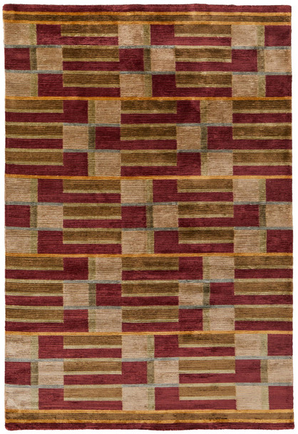 5' X 8' Gold Green And Red Striped Hand Knotted Area Rug