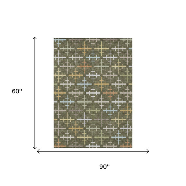 5' X 8' Olive Green And Green Geometric Washable Indoor Outdoor Area Rug