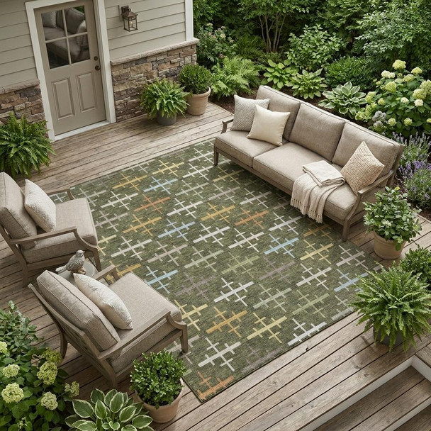 8' X 10' Olive Green And Green Geometric Washable Indoor Outdoor Area Rug