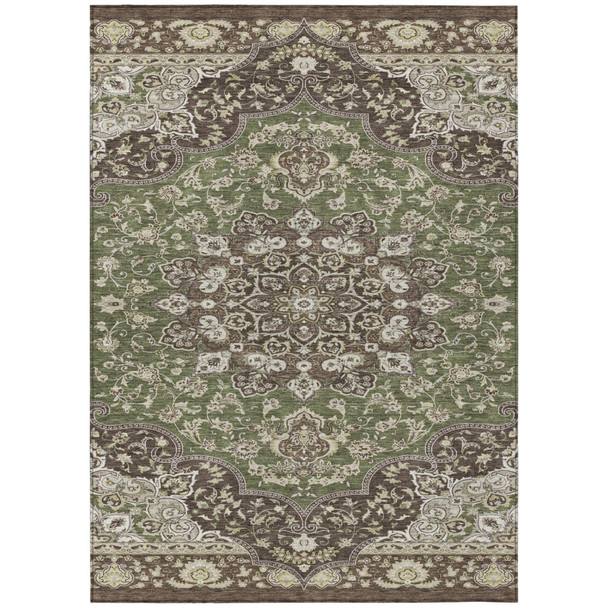 3' X 5' Olive Green And Green Oriental Washable Indoor Outdoor Area Rug