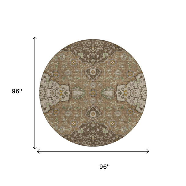 8' Chocolate And Brown Round Oriental Washable Indoor Outdoor Area Rug