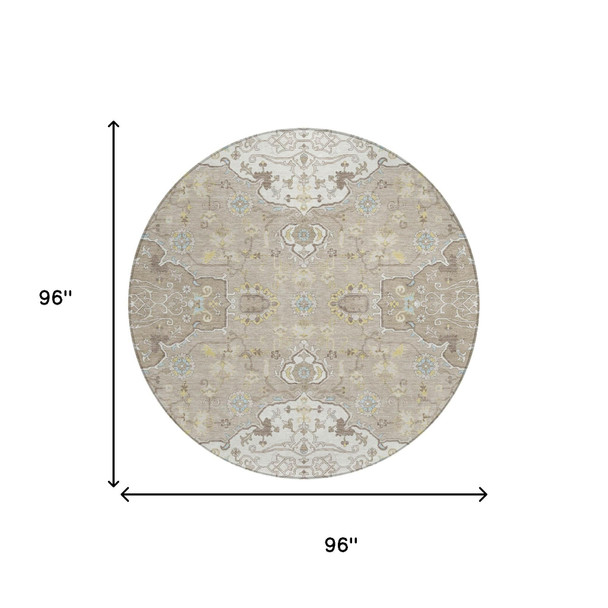 8' Ivory And Beige Round Oriental Washable Indoor Outdoor Area Rug