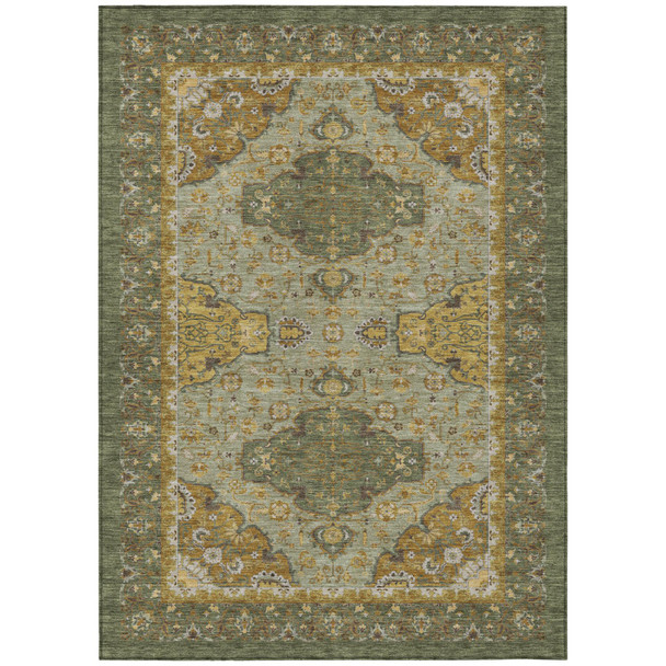5' X 8' Olive Green And Green Oriental Washable Indoor Outdoor Area Rug