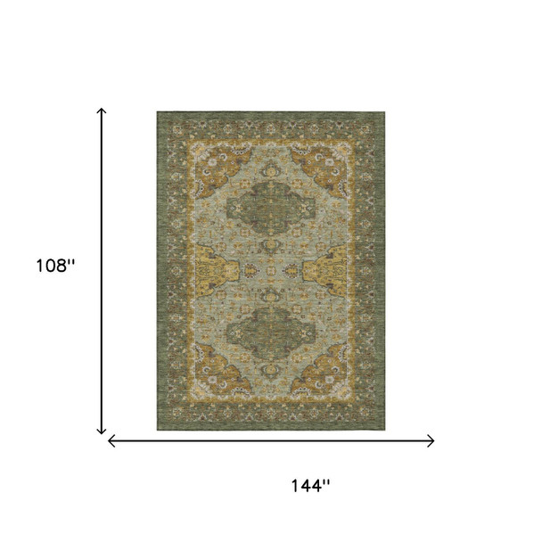 9' X 12' Olive Green And Green Oriental Washable Indoor Outdoor Area Rug