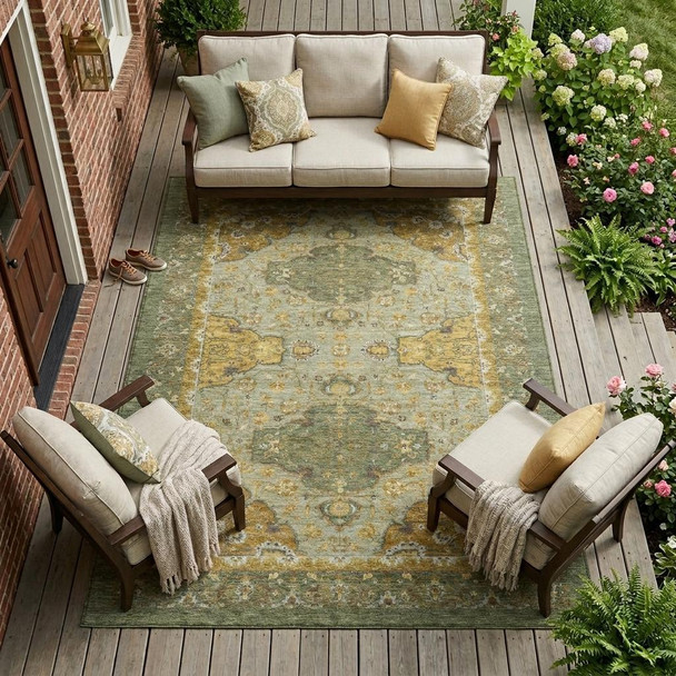 10' X 14' Olive Green And Green Oriental Washable Indoor Outdoor Area Rug