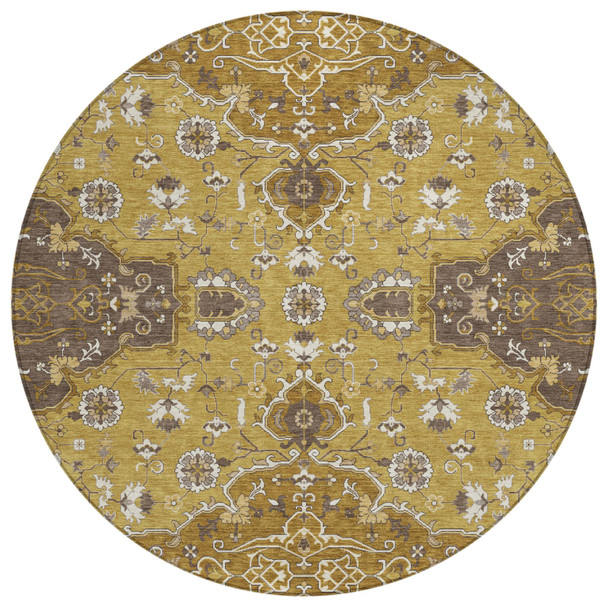 8' Walnut And Gold Round Oriental Washable Indoor Outdoor Area Rug