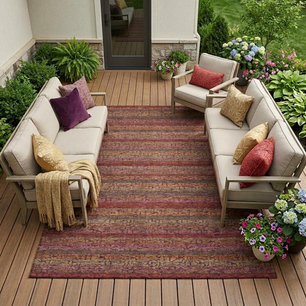 8' X 10' Burgundy And Red Striped Washable Indoor Outdoor Area Rug