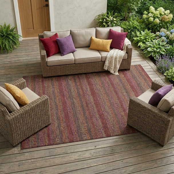 10' X 14' Burgundy And Red Striped Washable Indoor Outdoor Area Rug