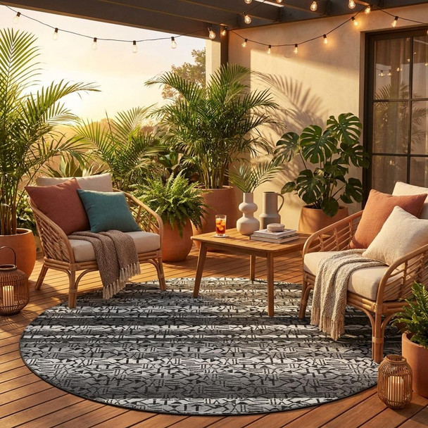 8' Gray And Graphite Round Striped Washable Indoor Outdoor Area Rug