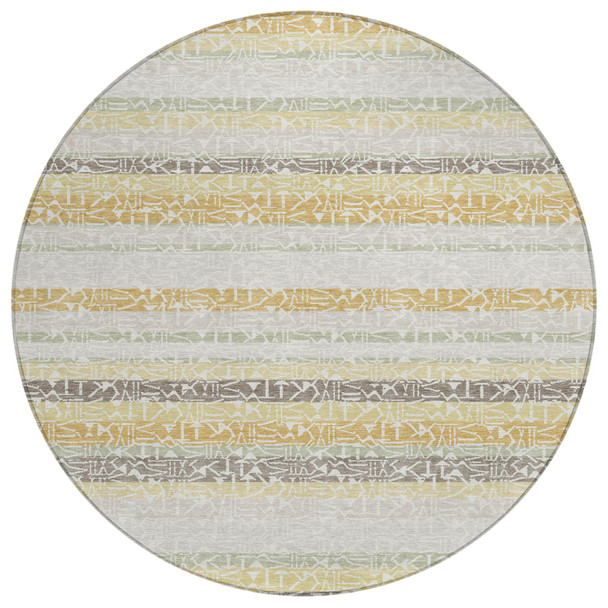 8' Ivory And Linen Round Striped Washable Indoor Outdoor Area Rug