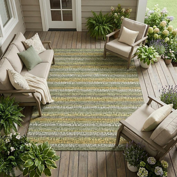 10' X 14' Sage And Green Striped Washable Indoor Outdoor Area Rug