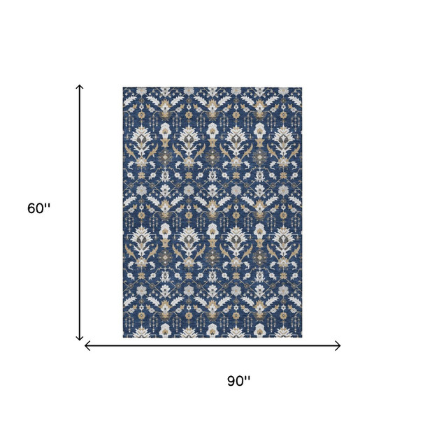 5' X 8' Navy Blue And Blue Oriental Washable Indoor Outdoor Area Rug