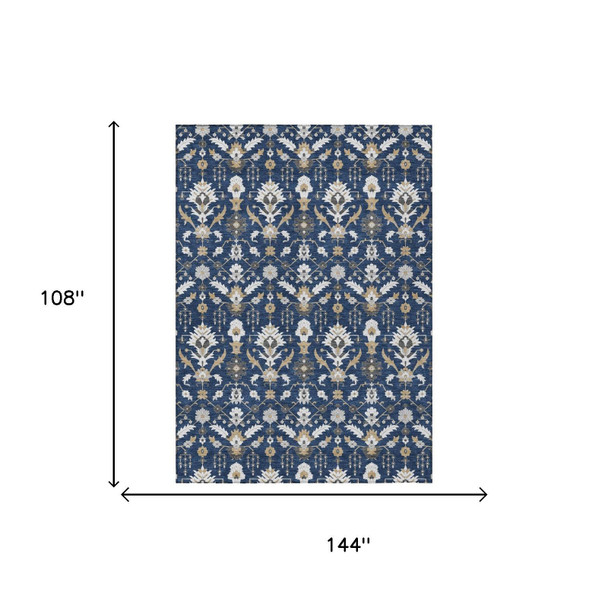 9' X 12' Navy Blue And Blue Oriental Washable Indoor Outdoor Area Rug