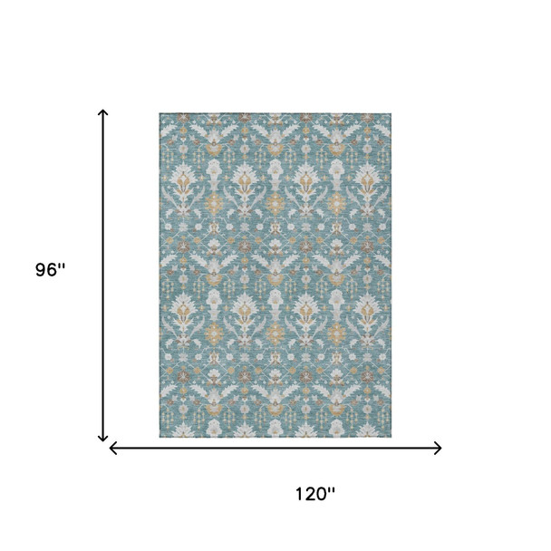 8' X 10' Teal Blue And Silver Oriental Washable Indoor Outdoor Area Rug