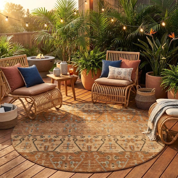 8' Orange And Brown Round Oriental Washable Indoor Outdoor Area Rug