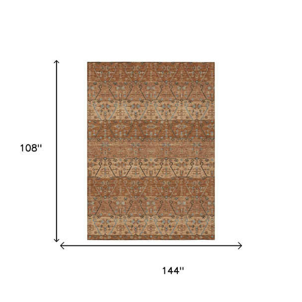 9' X 12' Orange And Brown Oriental Washable Indoor Outdoor Area Rug