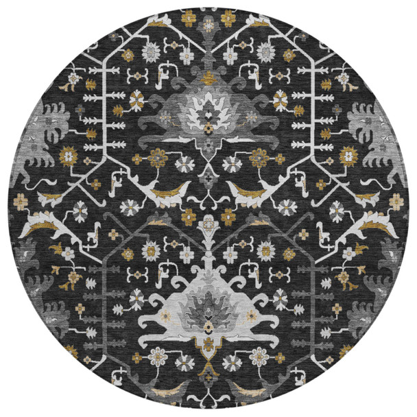 8' Black And Graphite Round Oriental Washable Indoor Outdoor Area Rug