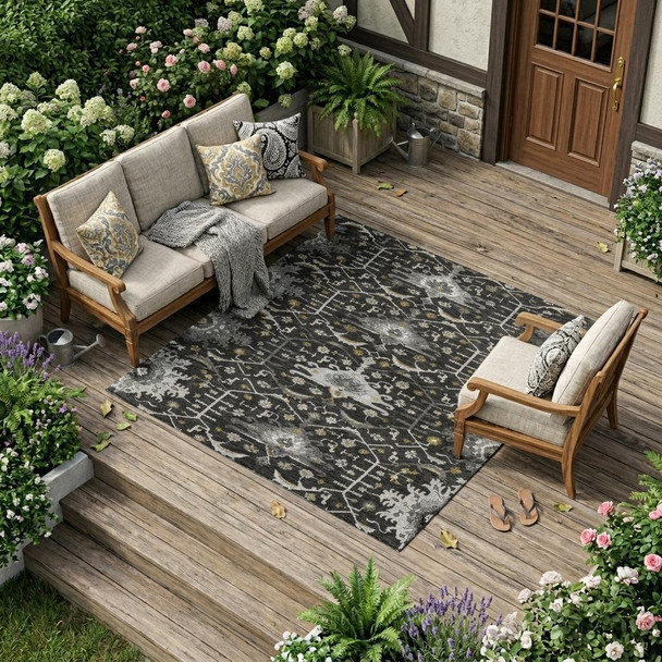 10' X 14' Black And Graphite Oriental Washable Indoor Outdoor Area Rug