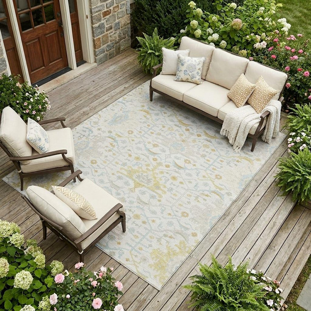 10' X 14' Ivory And Linen Oriental Washable Indoor Outdoor Area Rug