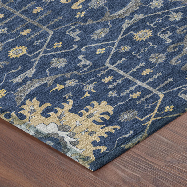 8' Navy Blue And Blue Round Oriental Washable Indoor Outdoor Area Rug