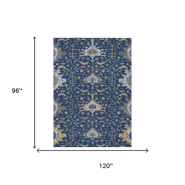 8' X 10' Navy Blue And Blue Oriental Washable Indoor Outdoor Area Rug