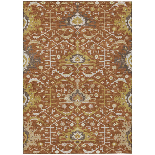 5' X 8' Orange And Brown Oriental Washable Indoor Outdoor Area Rug
