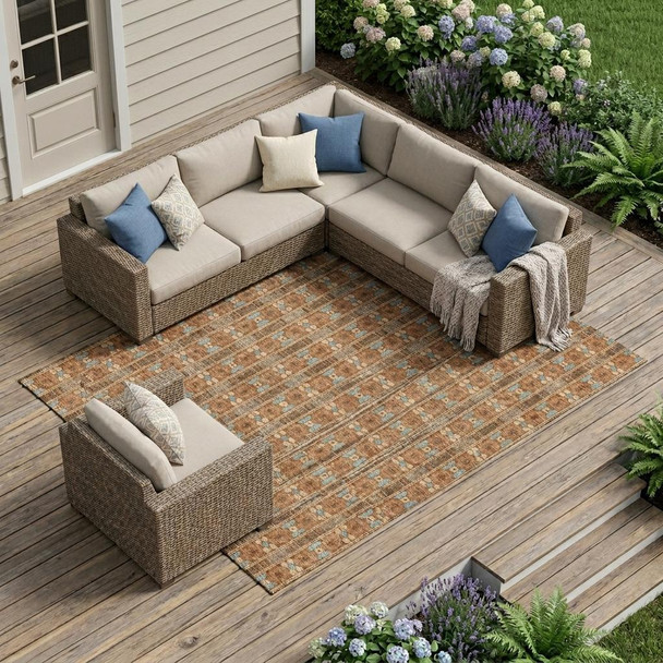 10' X 14' Orange And Teal Blue Striped Washable Indoor Outdoor Area Rug