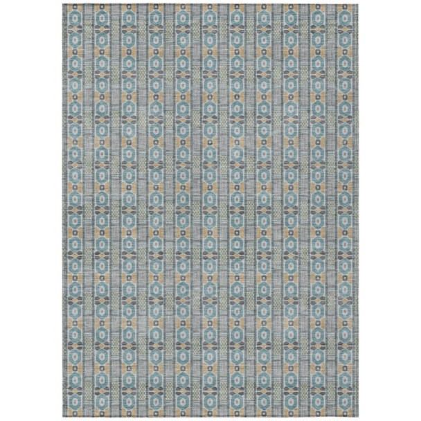 5' X 8' Teal Blue And Silver Striped Washable Indoor Outdoor Area Rug