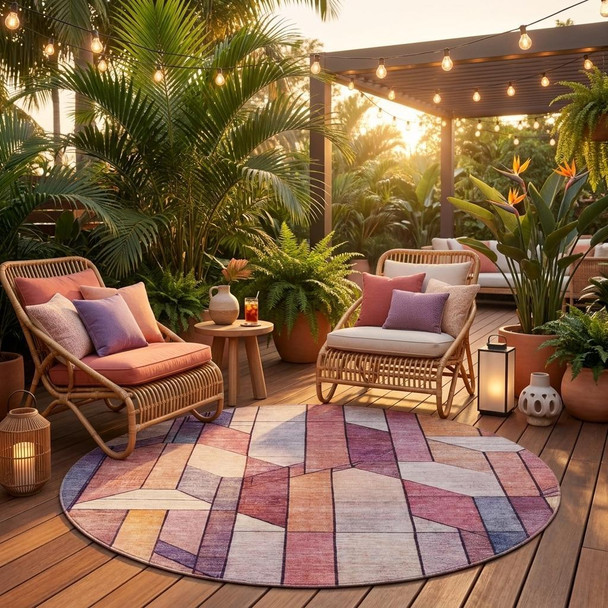 8' Pink And Mauve Round Geometric Washable Indoor Outdoor Area Rug