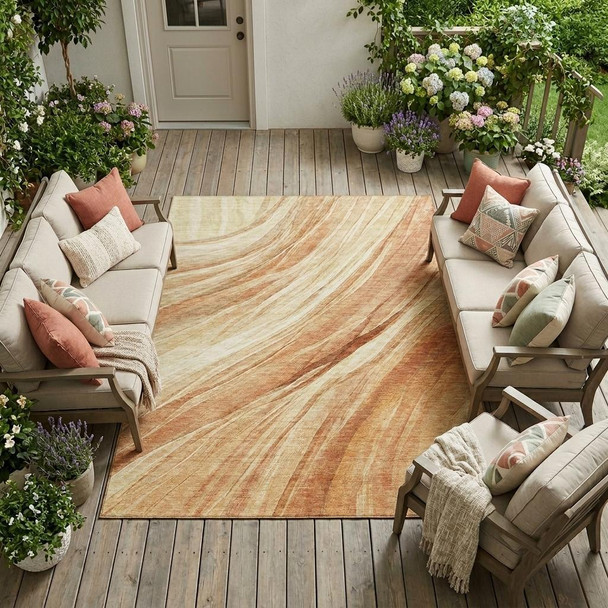 9' X 12' Salmon And Orange Abstract Washable Indoor Outdoor Area Rug