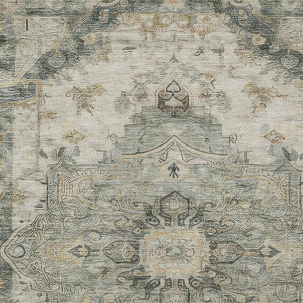 8' X 10' Green And Graphite Floral Medallion Washable Indoor Outdoor Area Rug