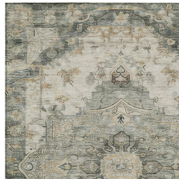 9' X 12' Green And Graphite Floral Medallion Washable Indoor Outdoor Area Rug