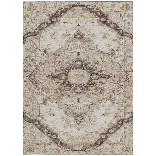 10' X 14' Beige And Brown Floral Medallion Washable Indoor Outdoor Area Rug