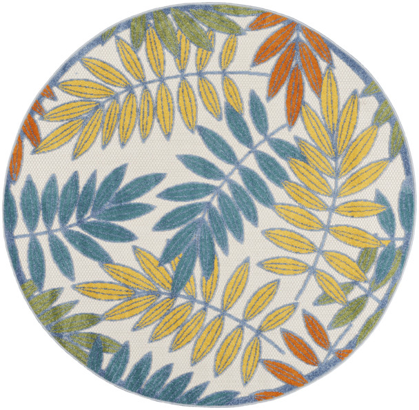 5' X 5' Ivory And Blue Round Indoor Outdoor Area Rug