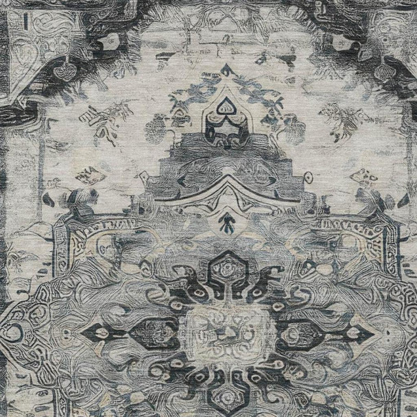5' X 8' Gray And Graphite Floral Medallion Washable Indoor Outdoor Area Rug