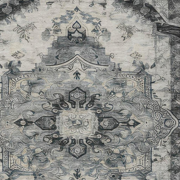 8' X 10' Gray And Graphite Floral Medallion Washable Indoor Outdoor Area Rug