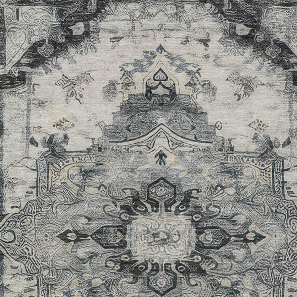 9' X 12' Gray And Graphite Floral Medallion Washable Indoor Outdoor Area Rug