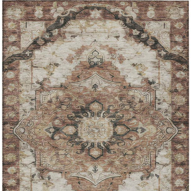 9' X 12' Orange And Ivory Floral Medallion Washable Indoor Outdoor Area Rug