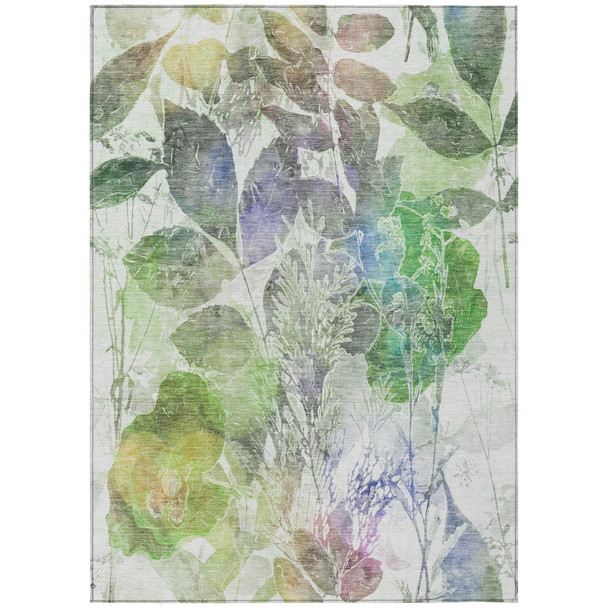 9' X 12' Green And Ivory Botanical Leaves Washable Indoor Outdoor Area Rug