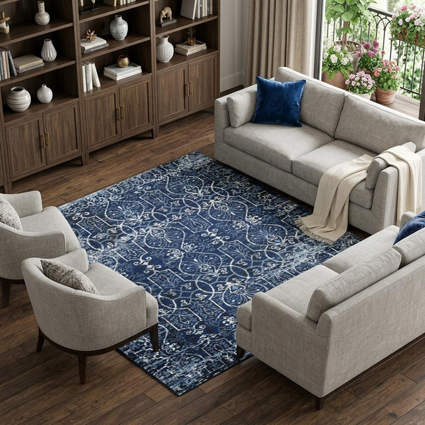 8' X 10' Blue Ivory Light Blue And Black Trellis Area Rug