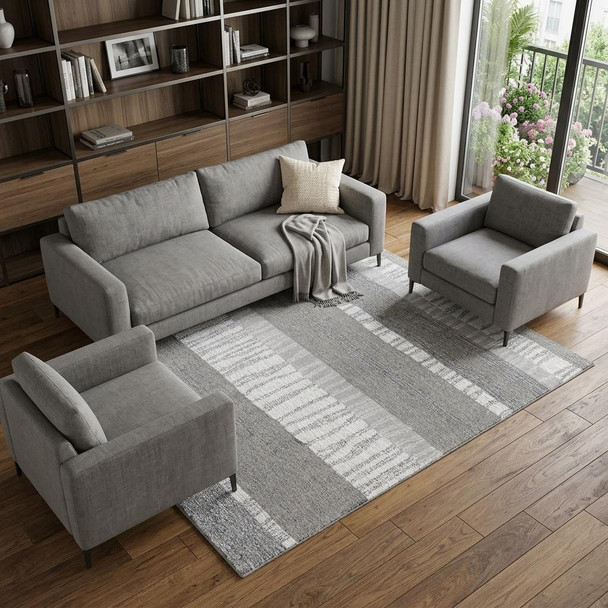 9' X 12' Gray Natural Dark Gray Light Gray And Ivory Wool Striped Hand Tufted Area Rug