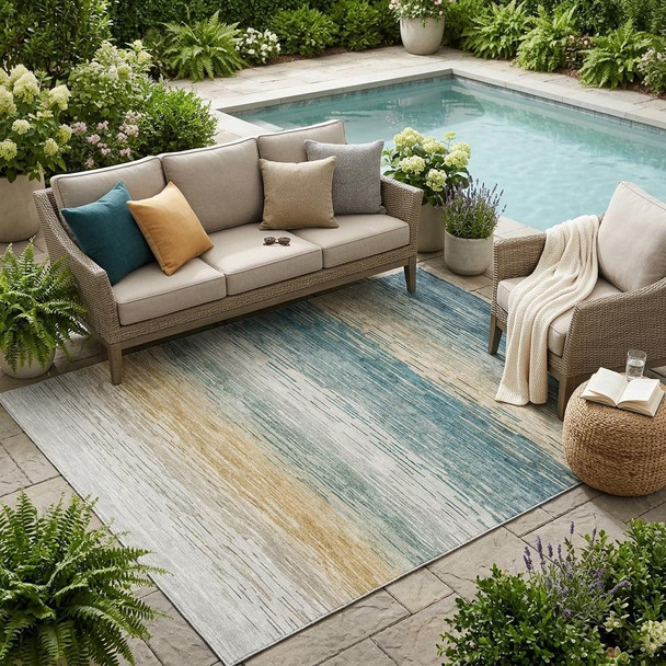 5' X 8' Teal Blue And Silver Striped Washable Indoor Outdoor Area Rug